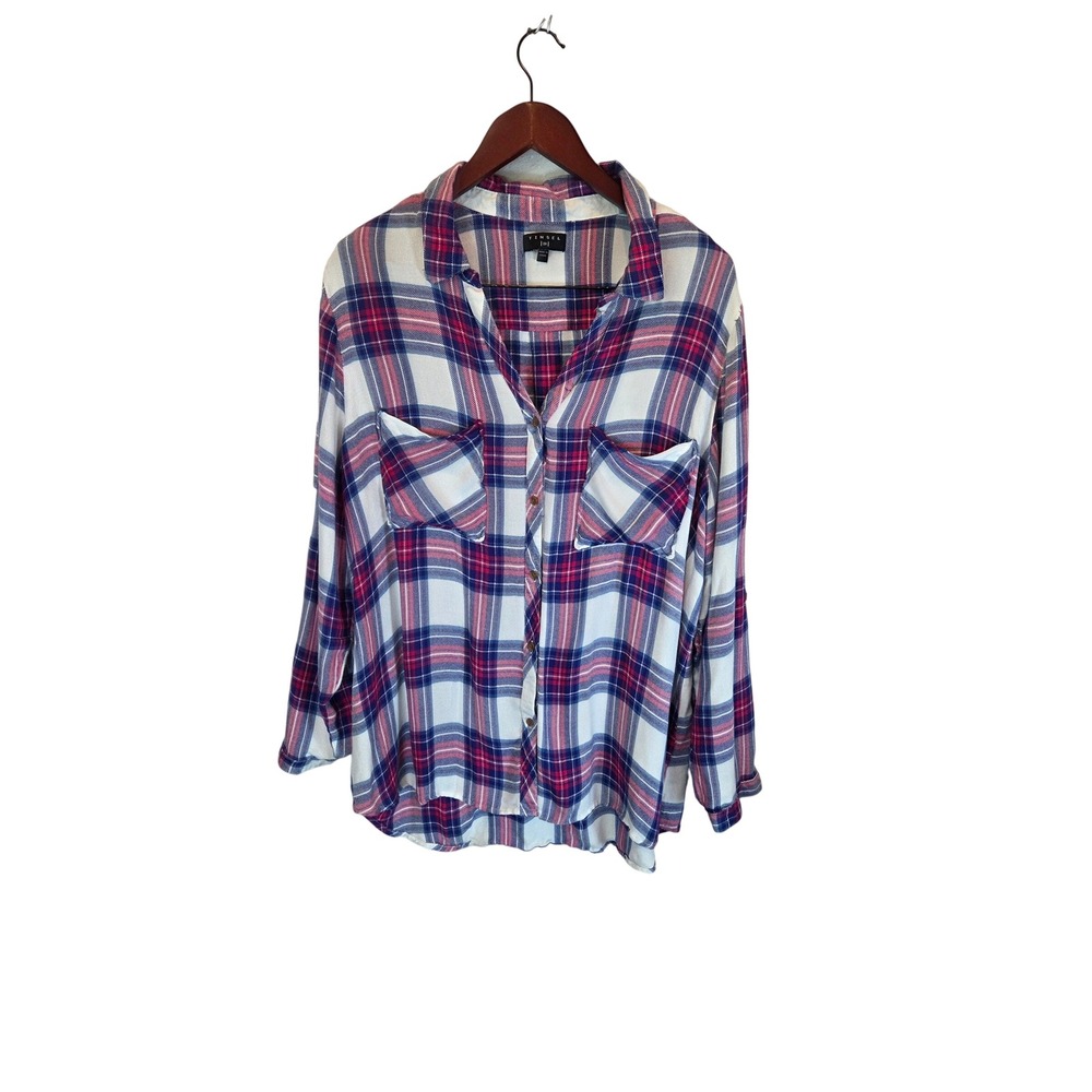 Tinsel Plaid Button Down Shirt Roll Tab Sleeve Pink Blue Casual Boho 2X